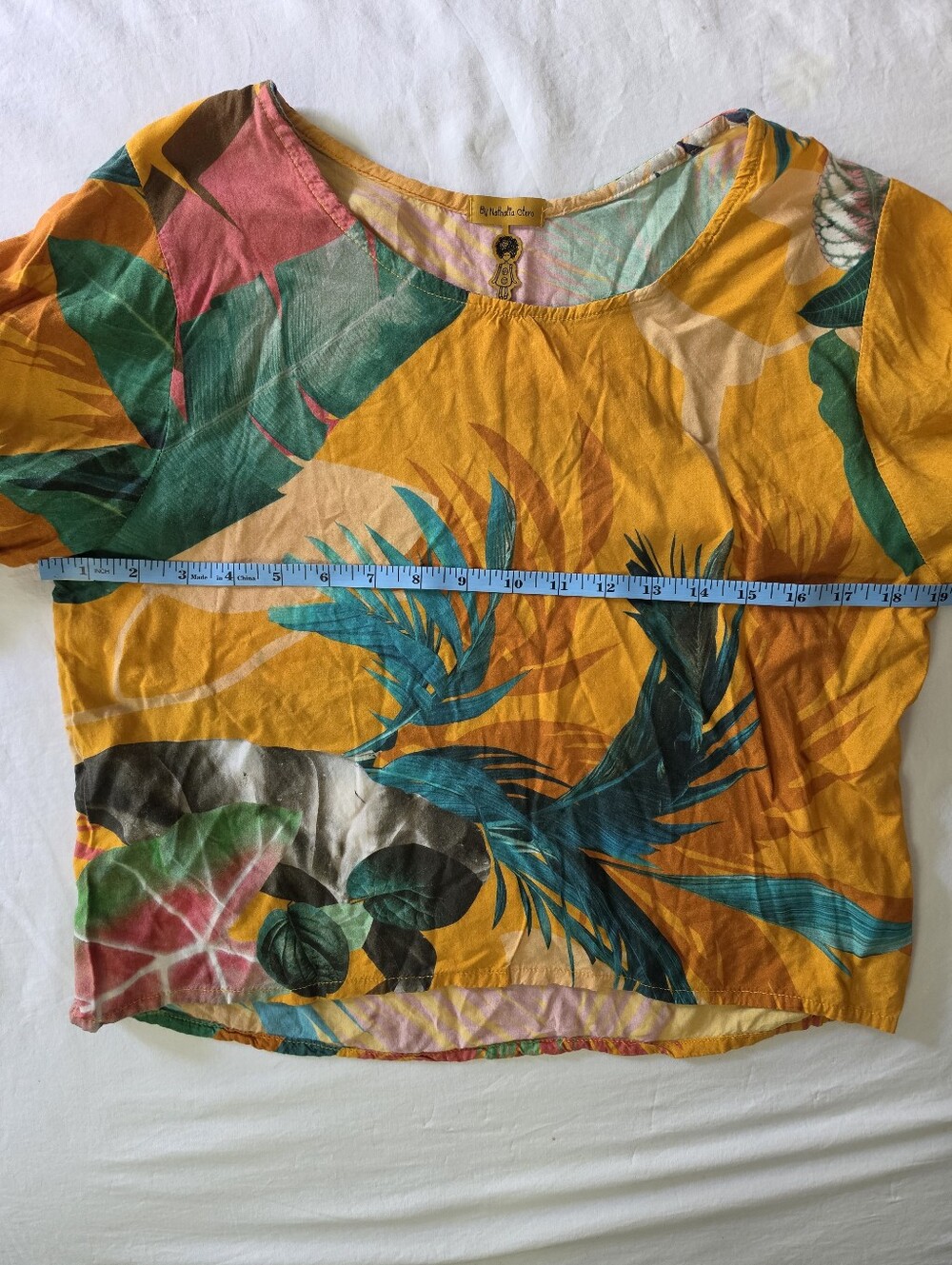 By Nathalia Otero Colombia Tropical Print Pom Pom Flutter Sleeve Crop Boho Sz M - Picture 4 of 6